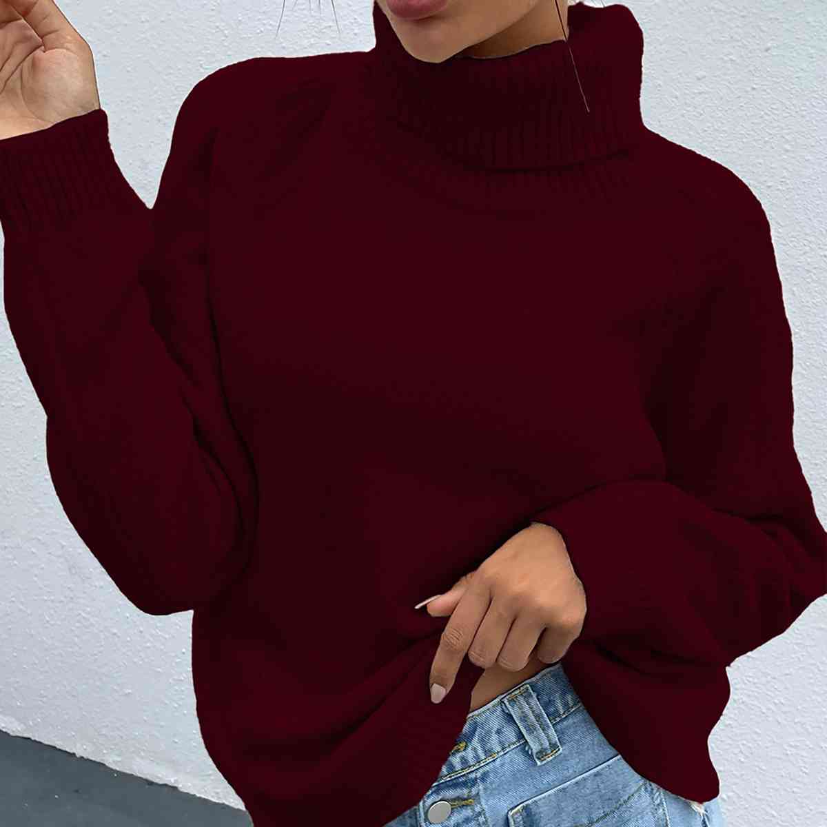 Turtleneck Dropped Shoulder Long Sleeve Sweater - BloomBliss.com