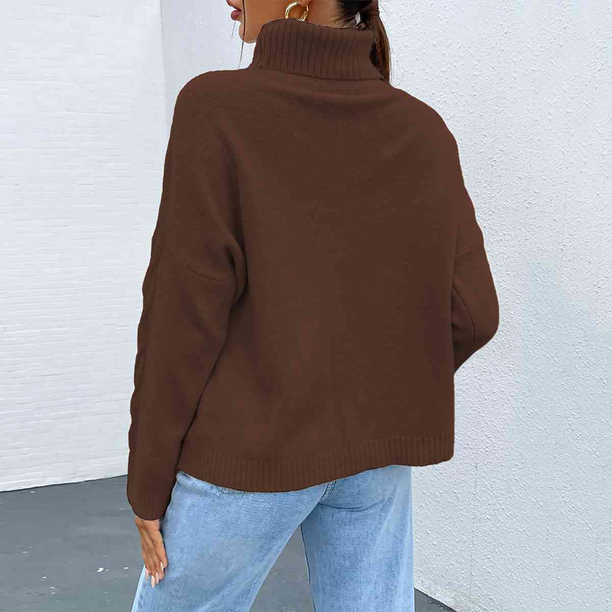 Turtleneck Dropped Shoulder Long Sleeve Sweater - BloomBliss.com