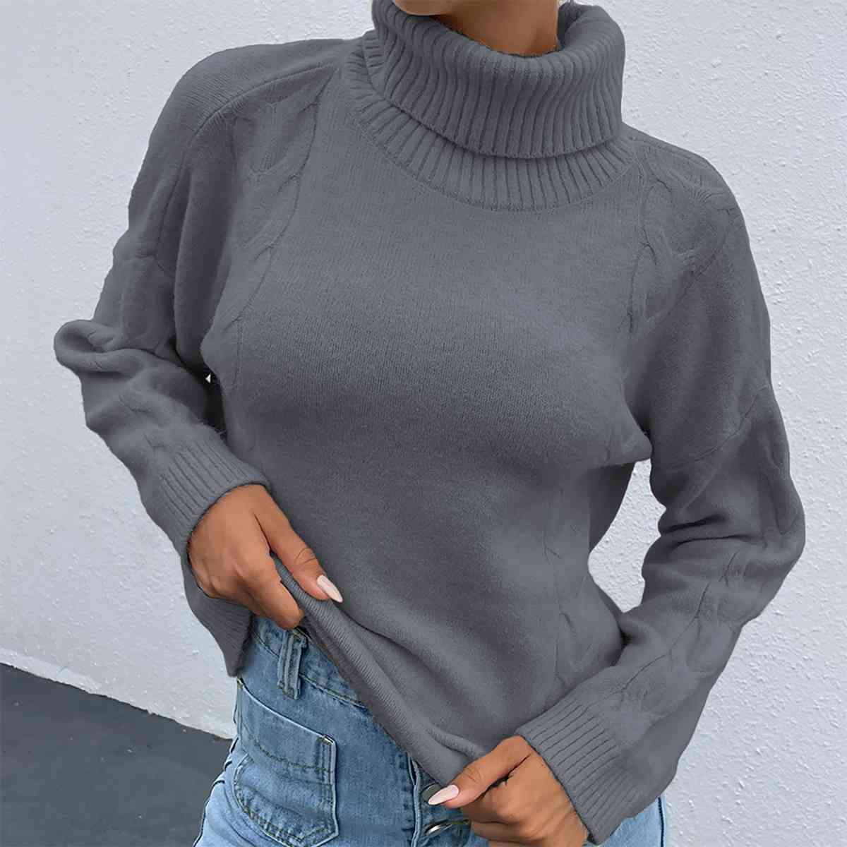 Turtleneck Dropped Shoulder Long Sleeve Sweater - BloomBliss.com