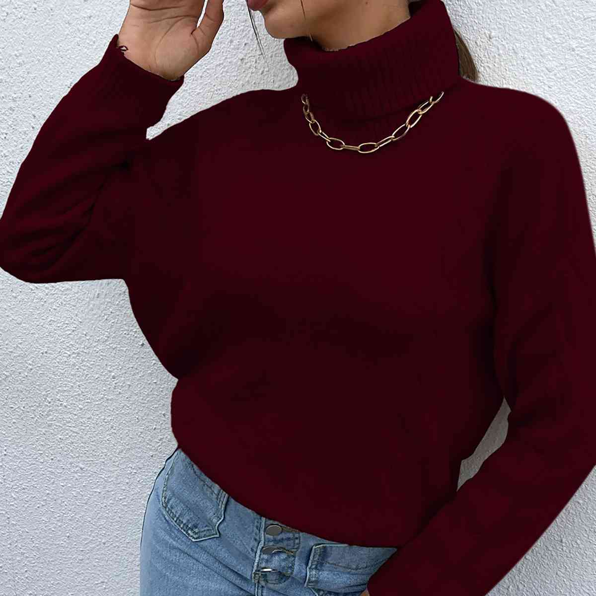 Turtleneck Dropped Shoulder Long Sleeve Sweater - BloomBliss.com