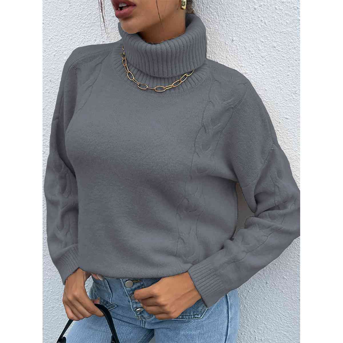 Turtleneck Dropped Shoulder Long Sleeve Sweater - BloomBliss.com