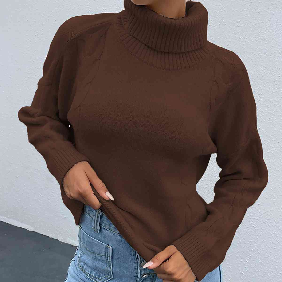 Turtleneck Dropped Shoulder Long Sleeve Sweater - BloomBliss.com