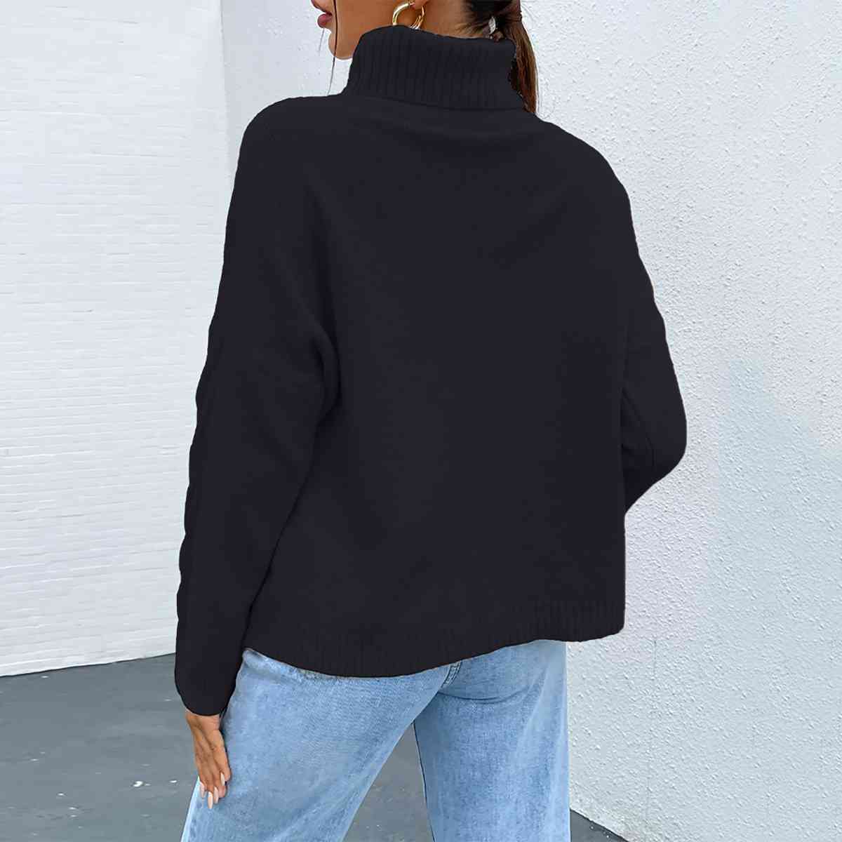Turtleneck Dropped Shoulder Long Sleeve Sweater - BloomBliss.com