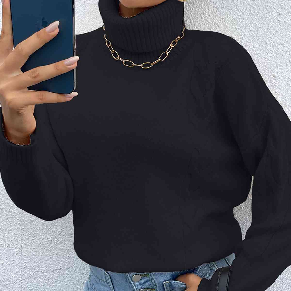 Turtleneck Dropped Shoulder Long Sleeve Sweater - BloomBliss.com