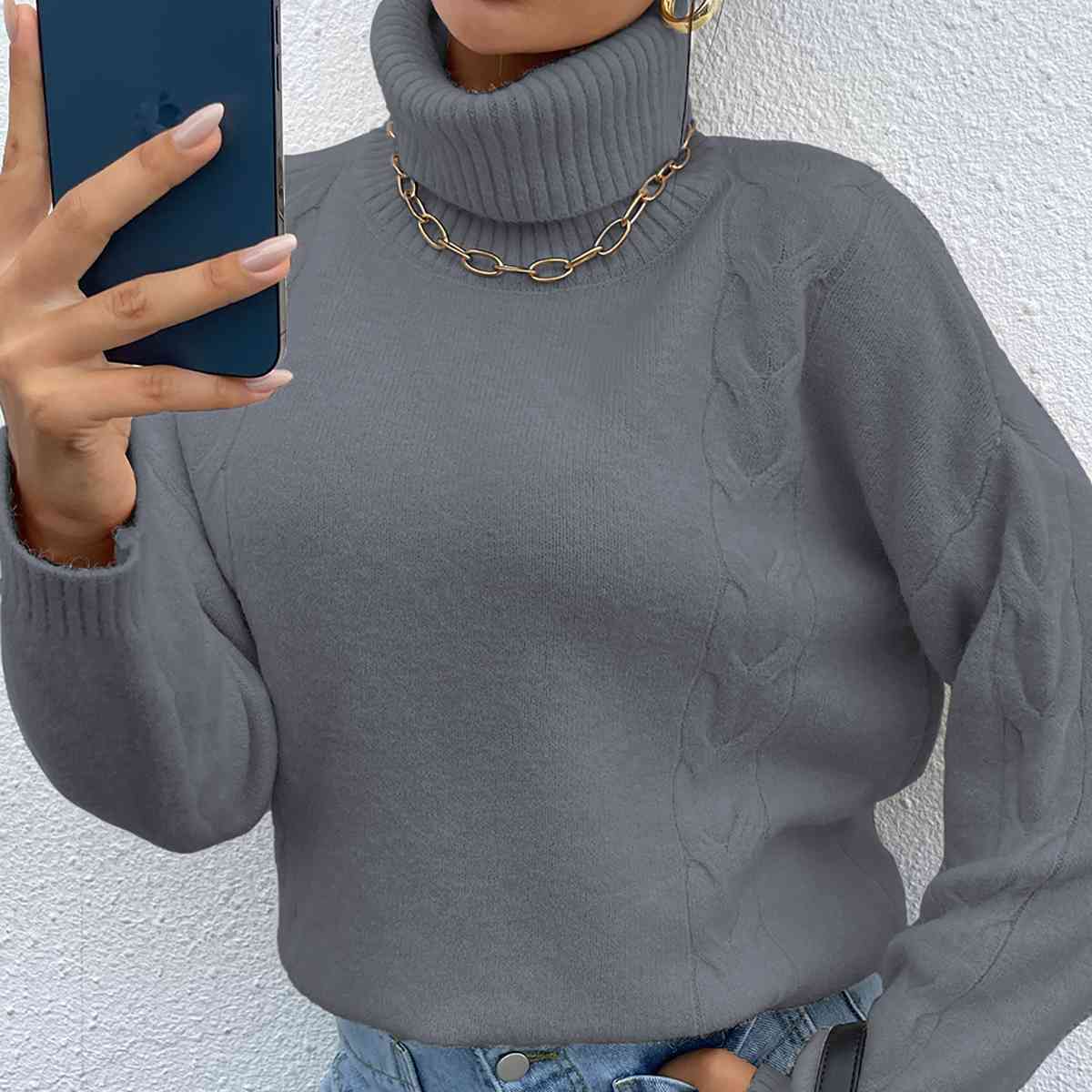 Turtleneck Dropped Shoulder Long Sleeve Sweater - BloomBliss.com