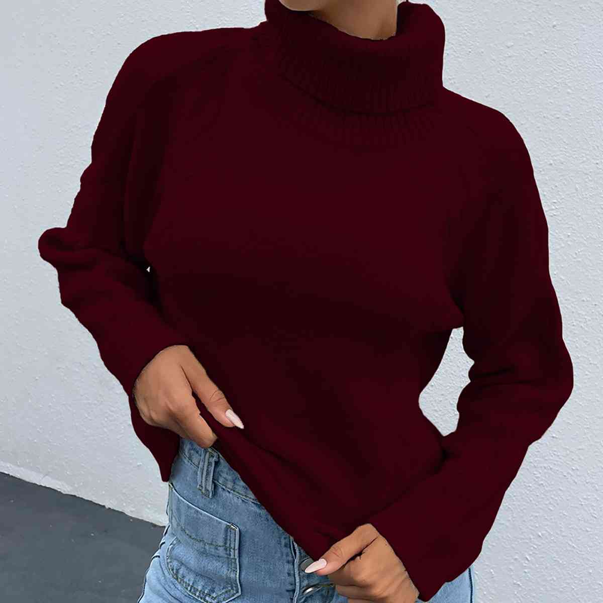 Turtleneck Dropped Shoulder Long Sleeve Sweater - BloomBliss.com