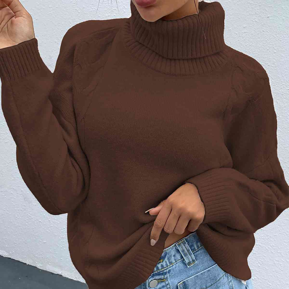 Turtleneck Dropped Shoulder Long Sleeve Sweater - BloomBliss.com
