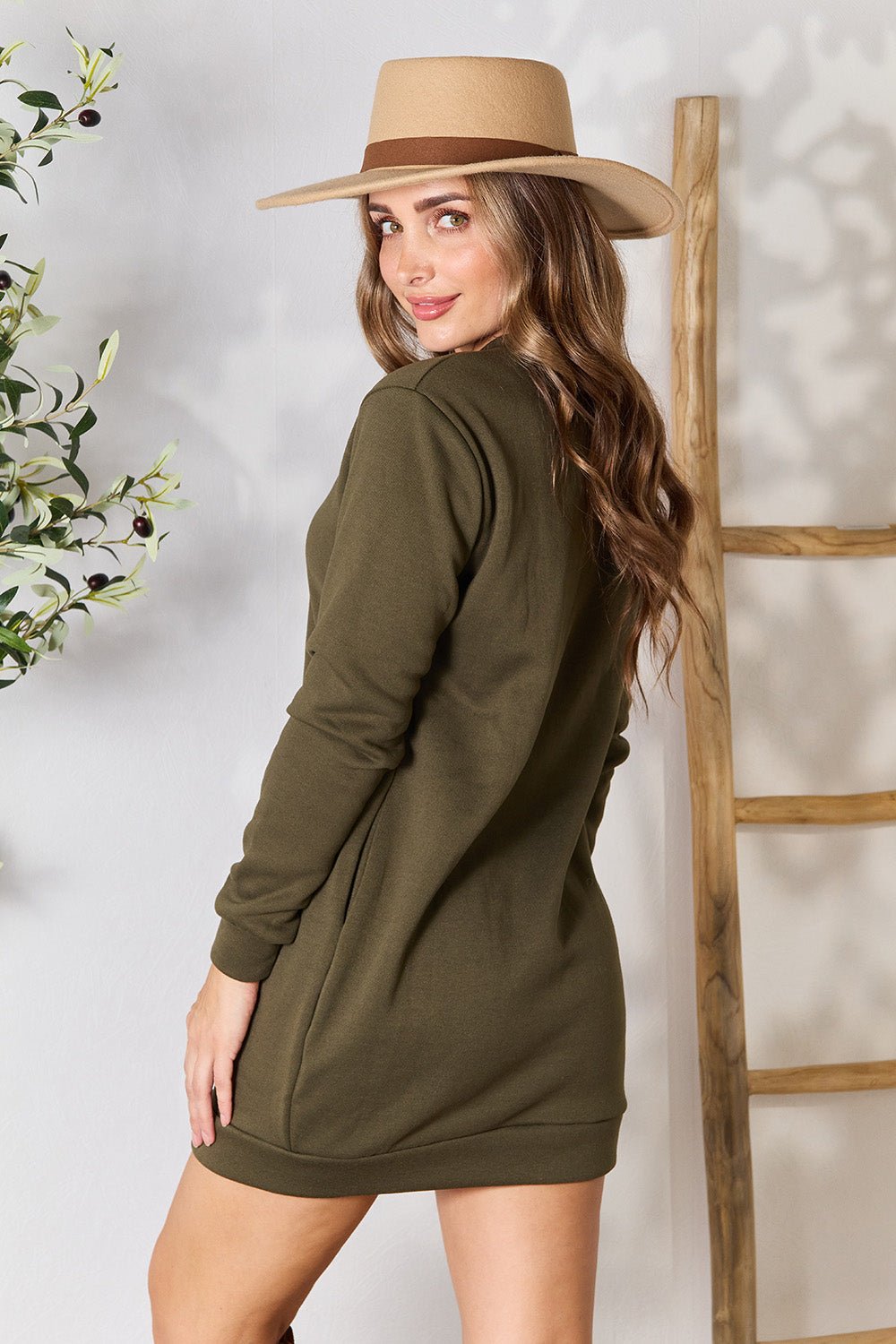 Double Take Round Neck Long Sleeve Mini Dress with Pockets - BloomBliss.com