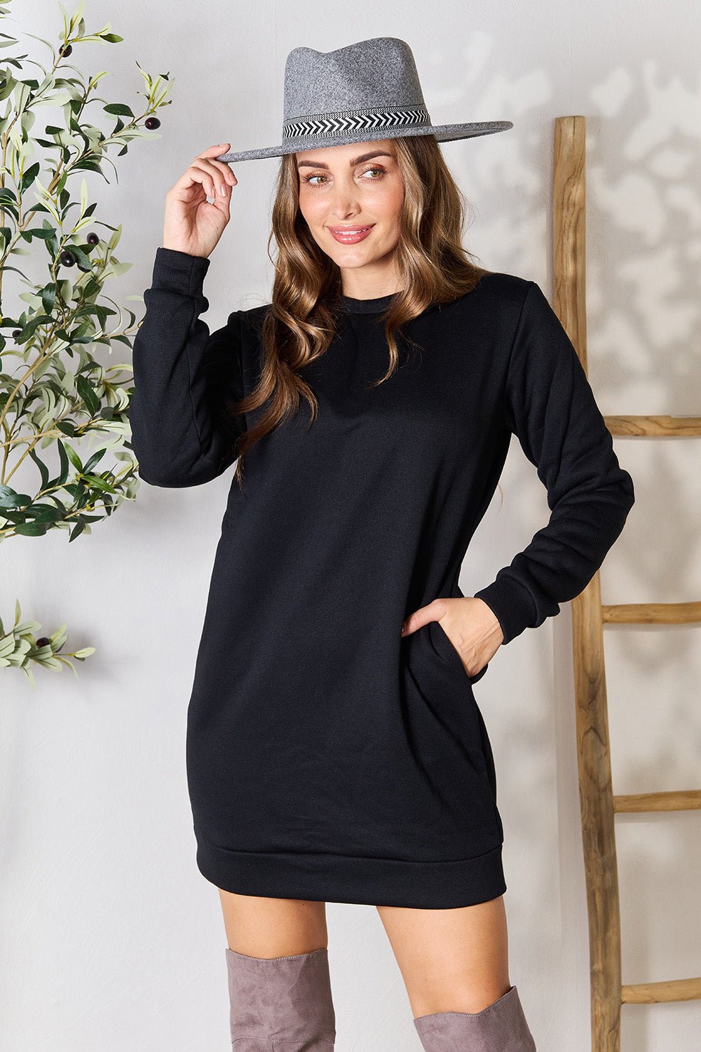 Double Take Round Neck Long Sleeve Mini Dress with Pockets - BloomBliss.com