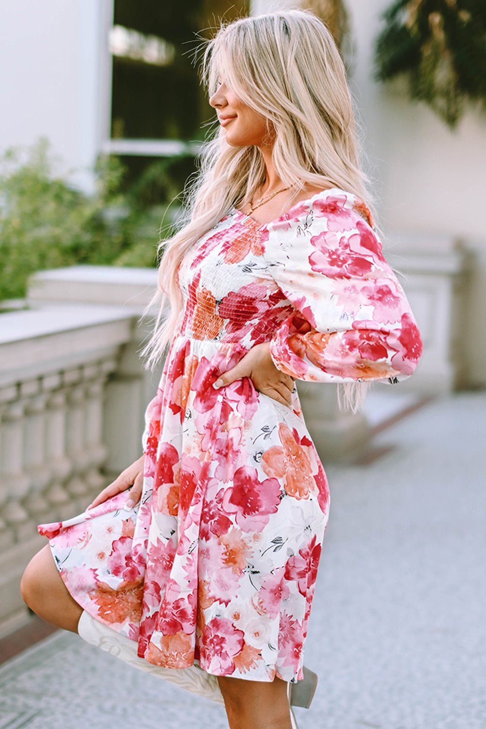 Floral Smocked Square Neck Long Sleeve Dress BloomBliss.com Floral Smocked Square Neck Long Sleeve Dress BloomBliss.com