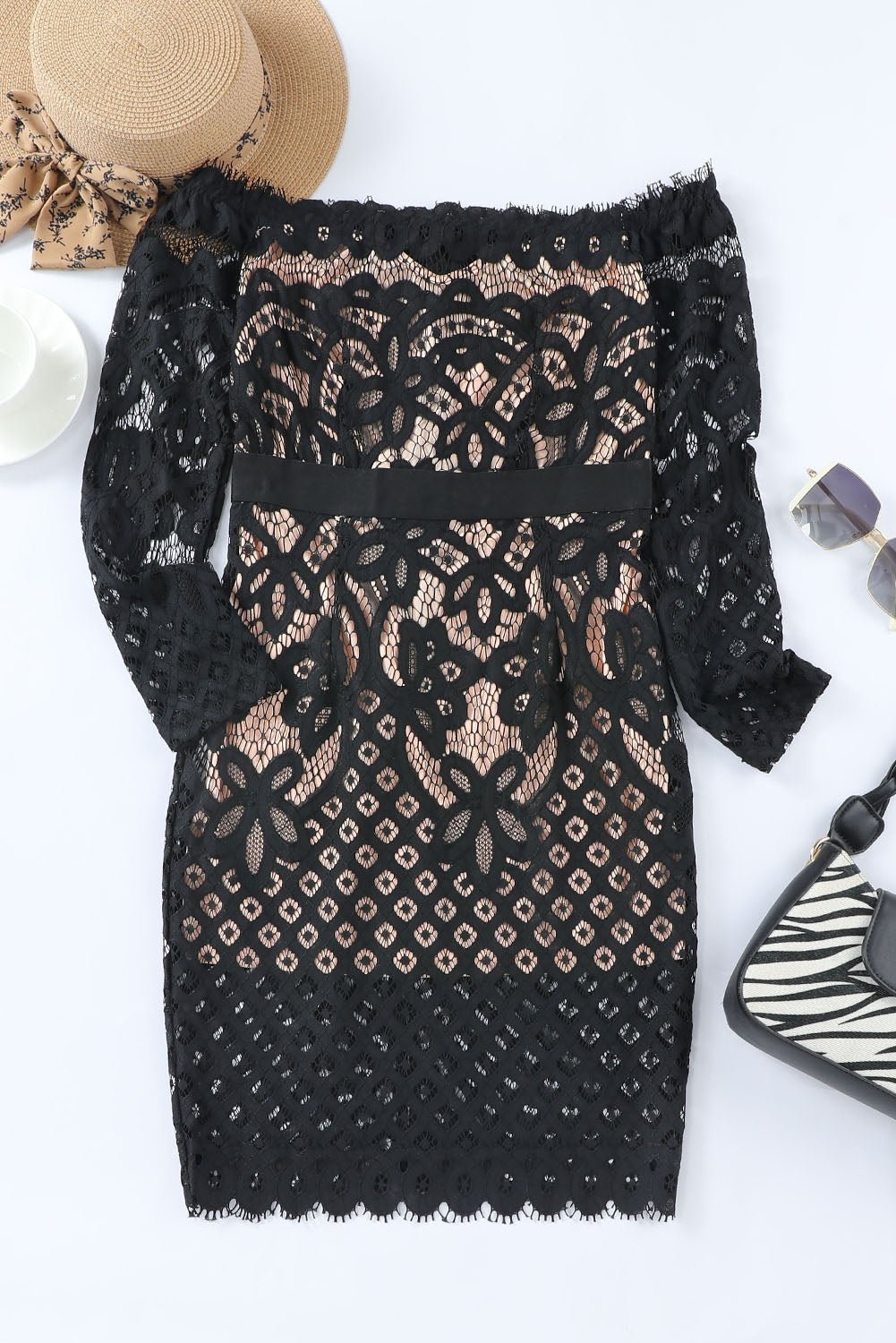 Off-Shoulder Long Sleeve Lace Dress - BloomBliss.com