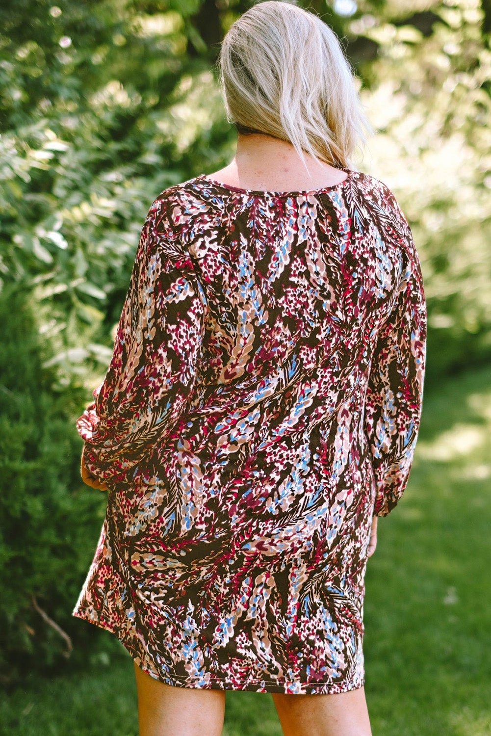 Plus Size Printed Round Neck Long Sleeve Mini Dress - BloomBliss.com