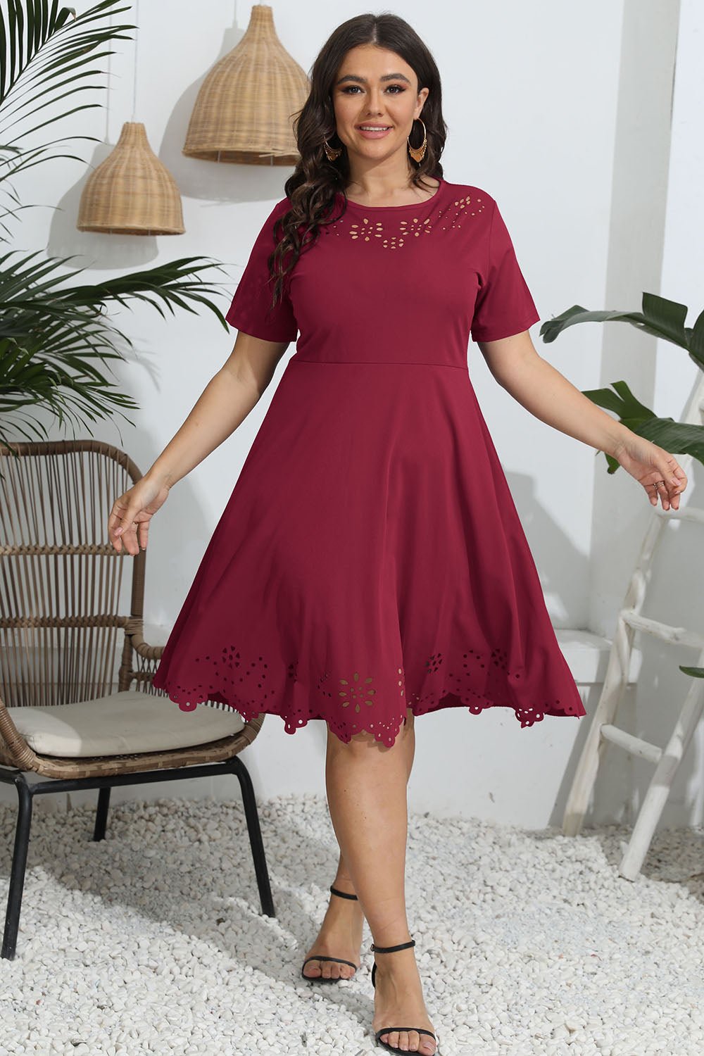 Cold Shoulder Round neck Openwork Embroidery Plus Size Tops Cold Shoulder Round neck Openwork Embroidery Plus Size Tops