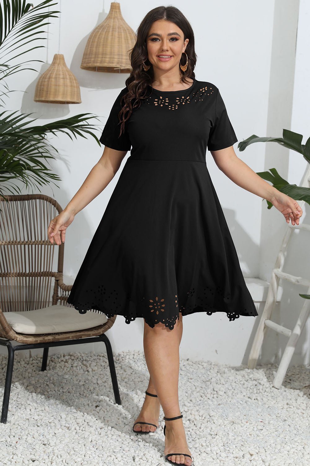 Cold Shoulder Round neck Openwork Embroidery Plus Size Tops Cold Shoulder Round neck Openwork Embroidery Plus Size Tops