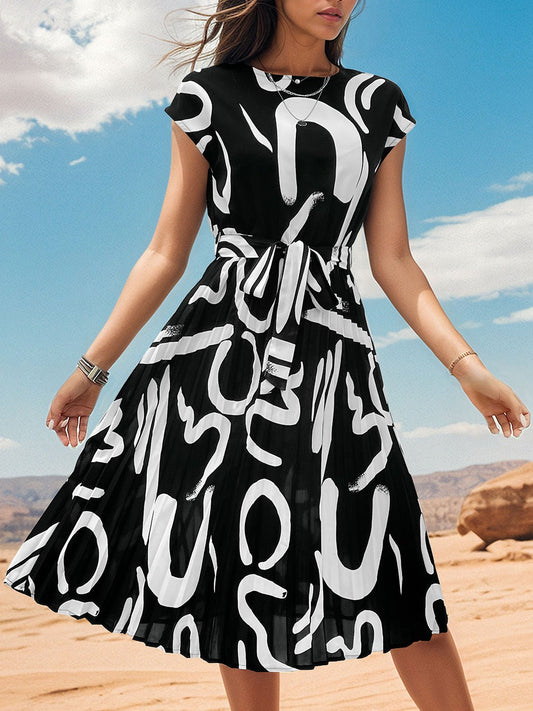 Printed Cap Sleeve Tie Waist Dress - BloomBliss.com