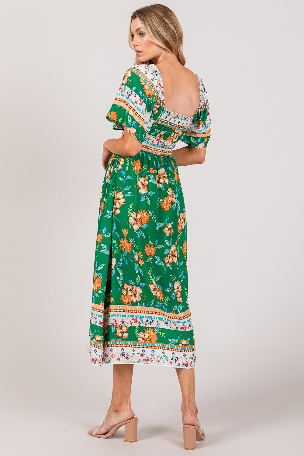 SAGE + FIG Printed Smocked Short Sleeve Midi Dress - BloomBliss.com