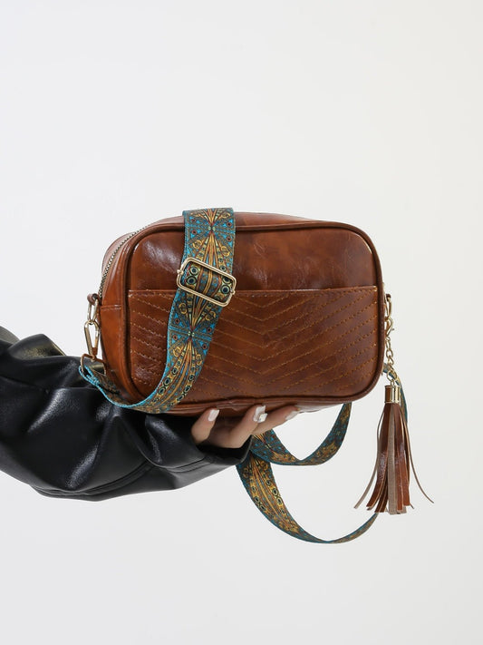 Tassel PU Leather Printed Strap Cassette Crossbody Bag - BloomBliss.com