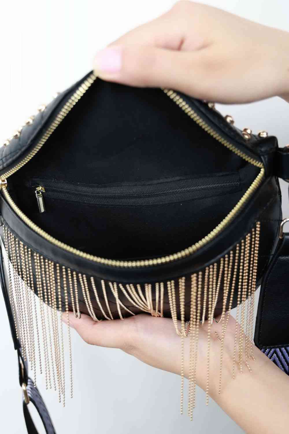 Adored PU Leather Studded Sling Bag with Fringes - BloomBliss.com