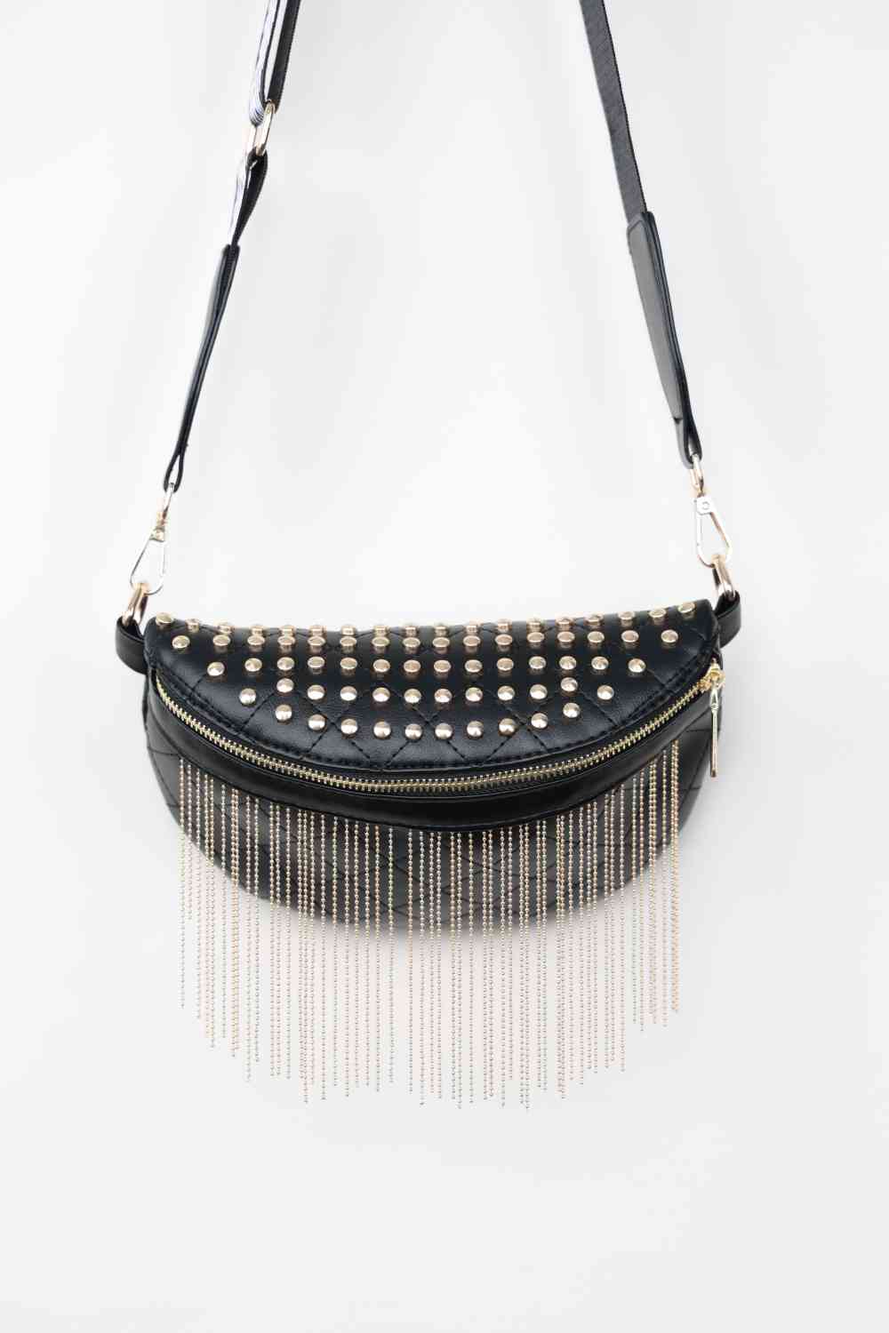 Adored PU Leather Studded Sling Bag with Fringes - BloomBliss.com