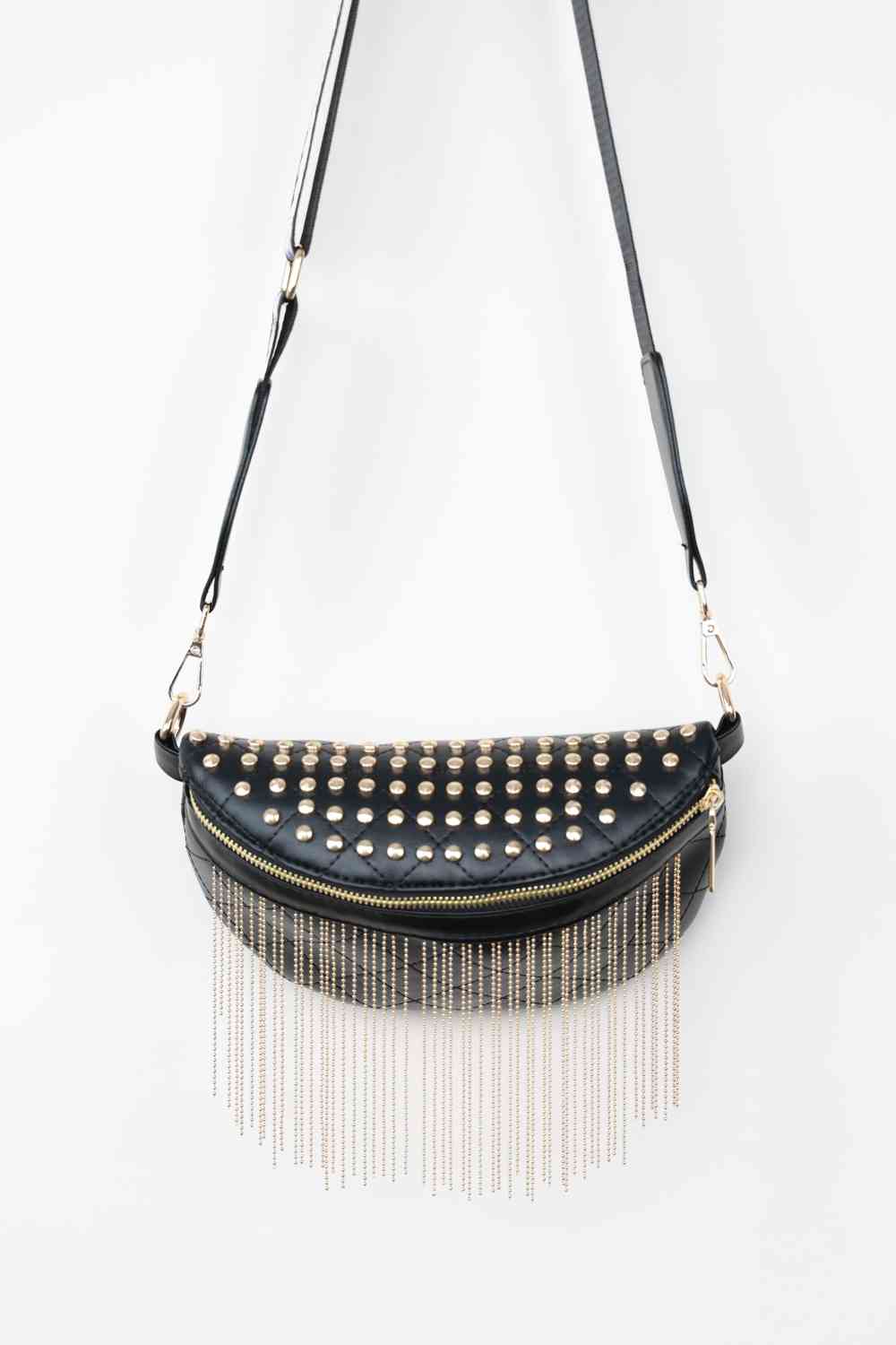 Adored PU Leather Studded Sling Bag with Fringes - BloomBliss.com