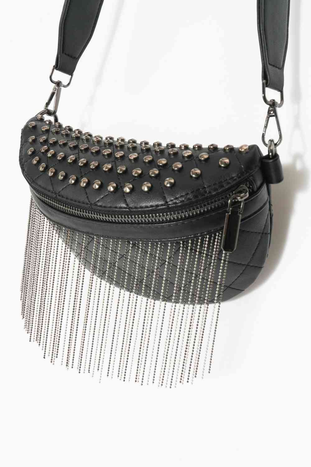Adored PU Leather Studded Sling Bag with Fringes - BloomBliss.com