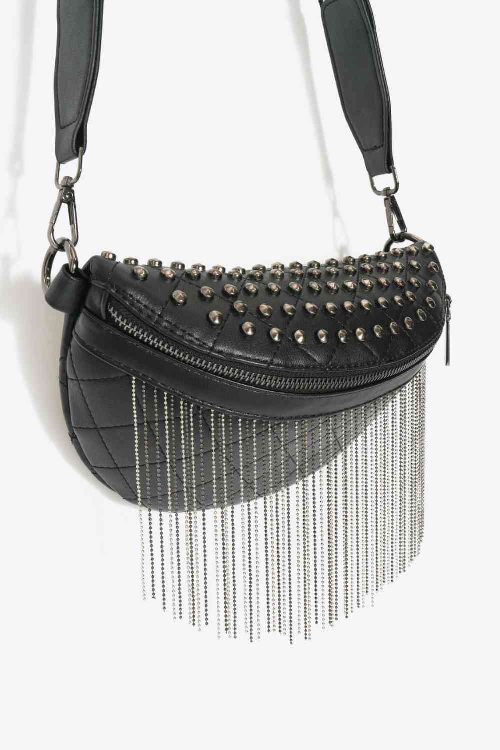 Adored PU Leather Studded Sling Bag with Fringes - BloomBliss.com