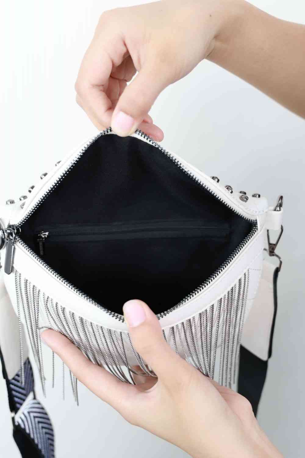 Adored PU Leather Studded Sling Bag with Fringes - BloomBliss.com
