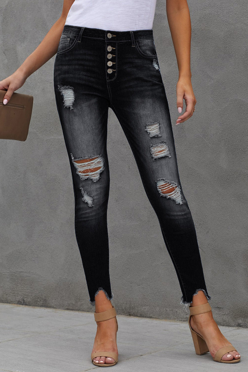 Button Fly Hem Detail Ankle-Length Skinny Jeans - BloomBliss.com