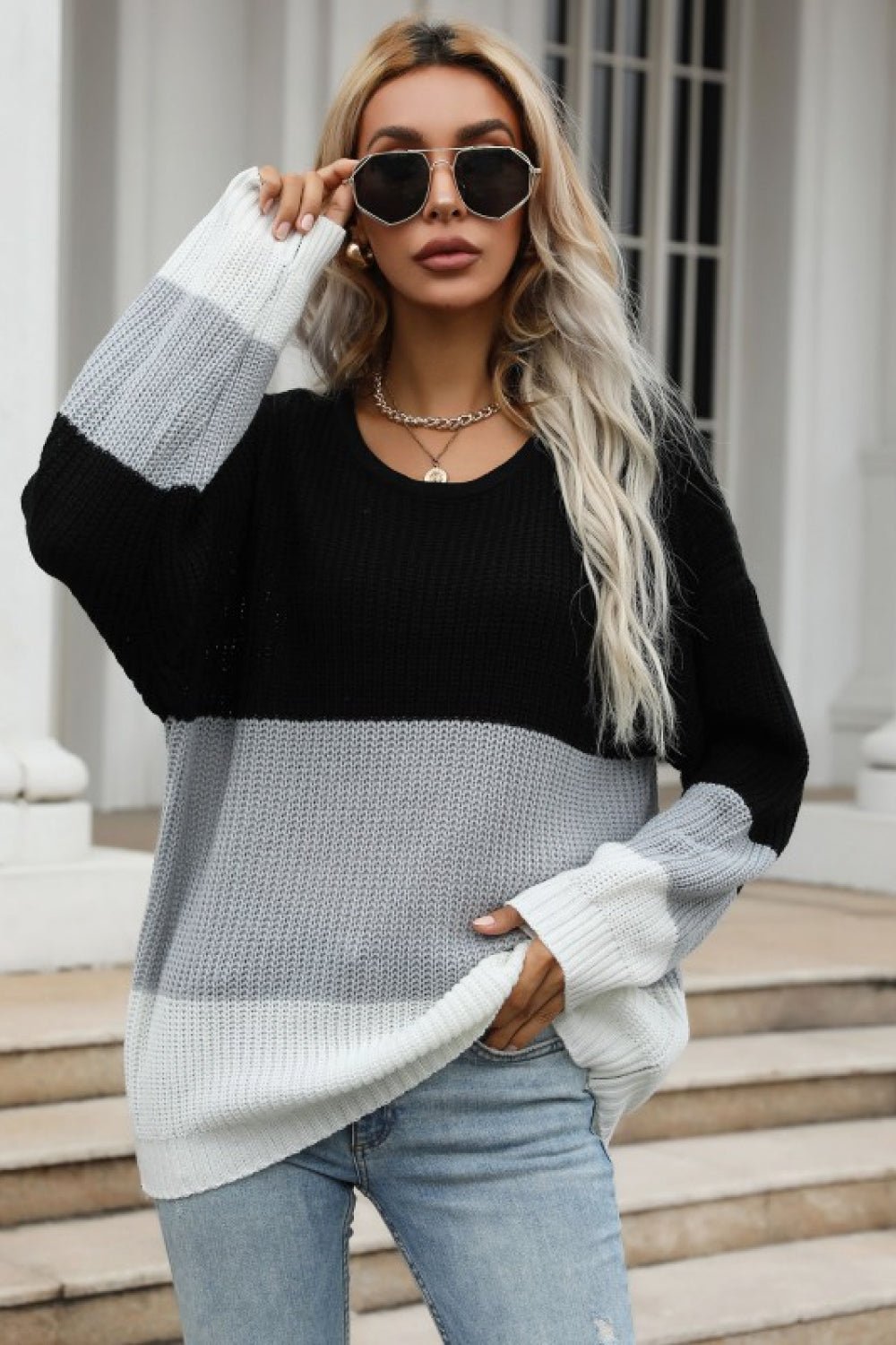 Color Block Long Sleeve Chunky Knit Sweater - BloomBliss.com