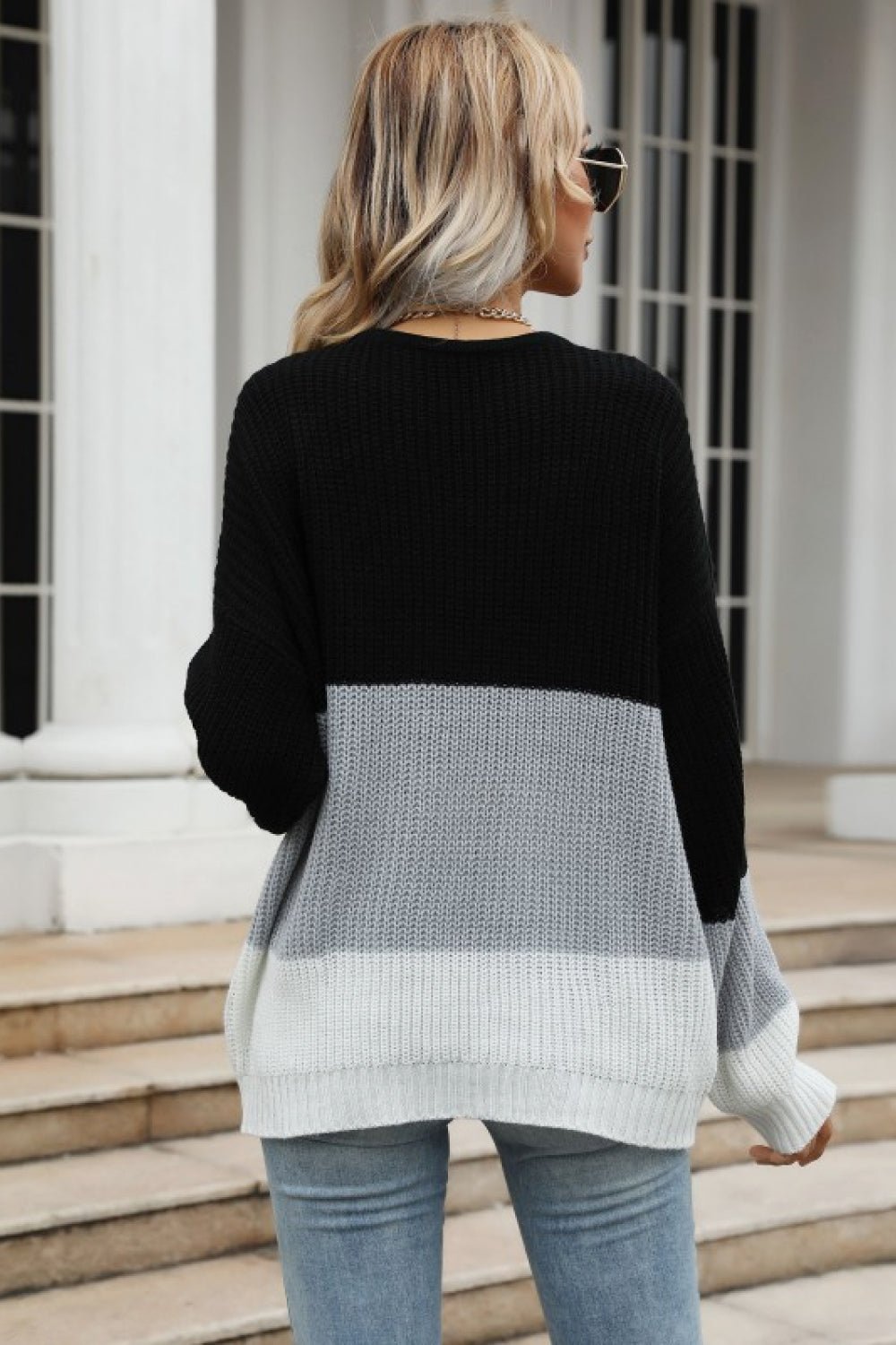 Color Block Long Sleeve Chunky Knit Sweater - BloomBliss.com