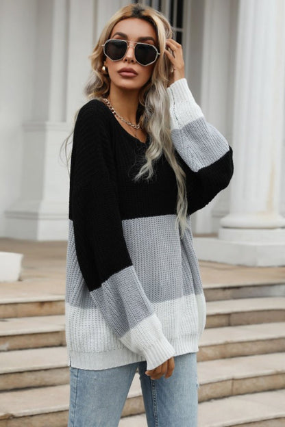 Color Block Long Sleeve Chunky Knit Sweater - BloomBliss.com