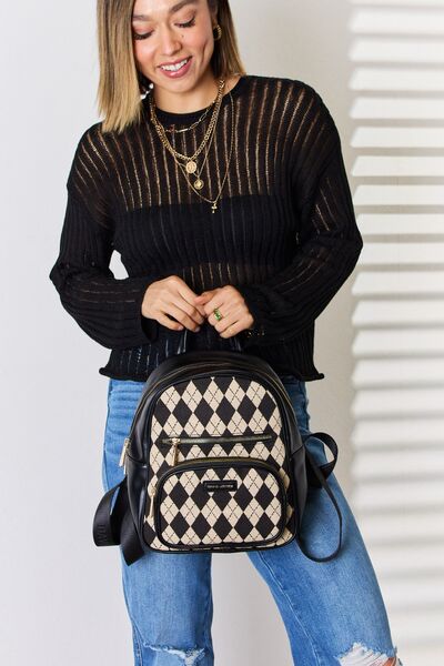 David Jones Argyle Pattern PU Leather Backpack - BloomBliss.com