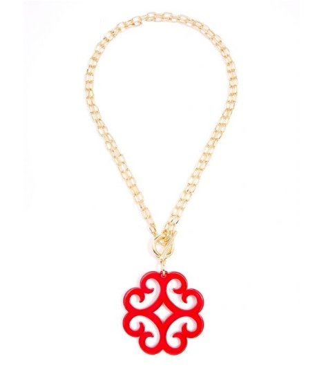 Double Linked Chain Necklace with Red Circular Wave Resin Pendant - BloomBliss.com