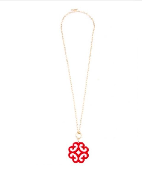 Double Linked Chain Necklace with Red Circular Wave Resin Pendant - BloomBliss.com