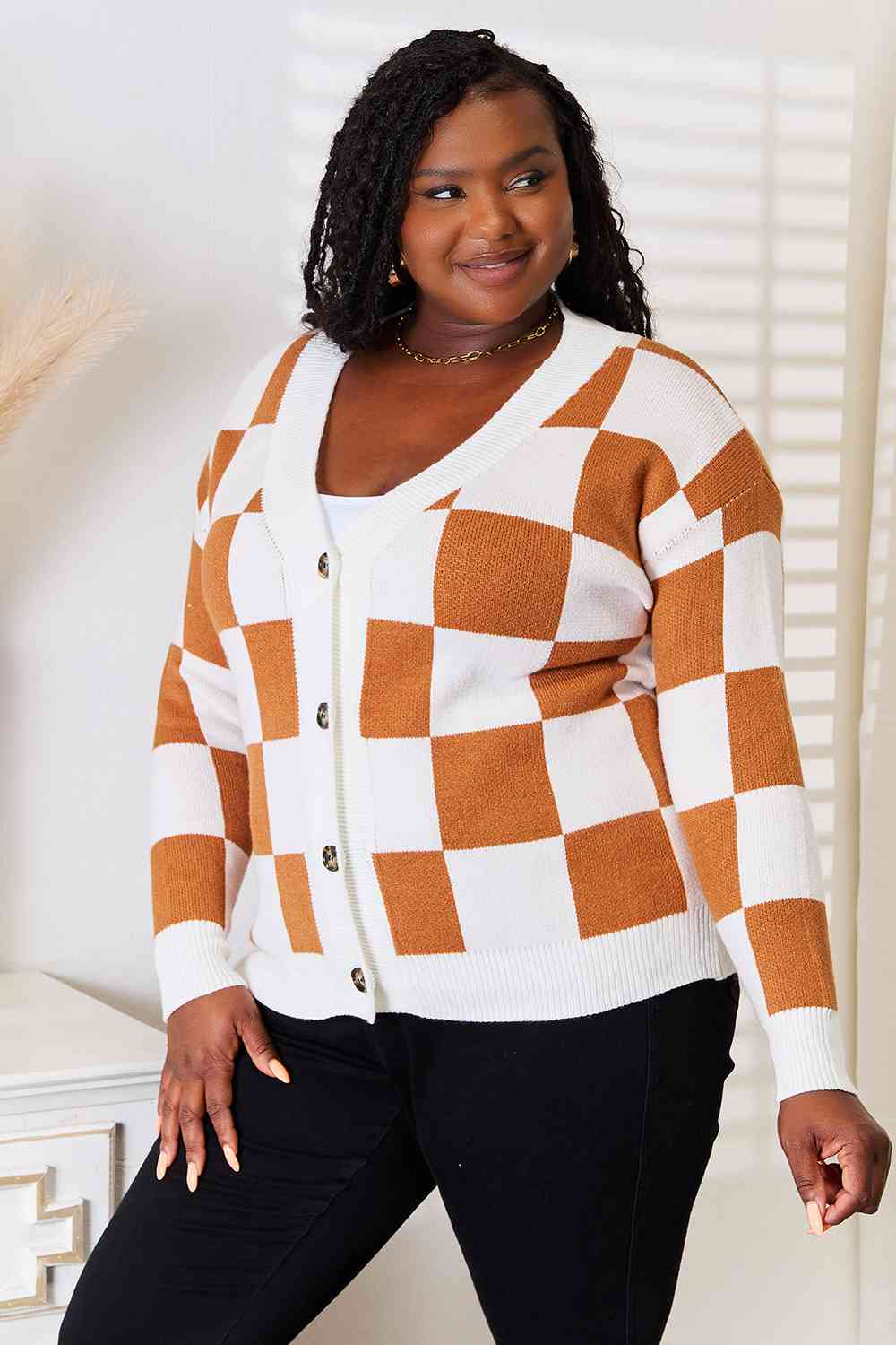 Double Take Button-Up V-Neck Dropped Shoulder Cardigan - BloomBliss.com