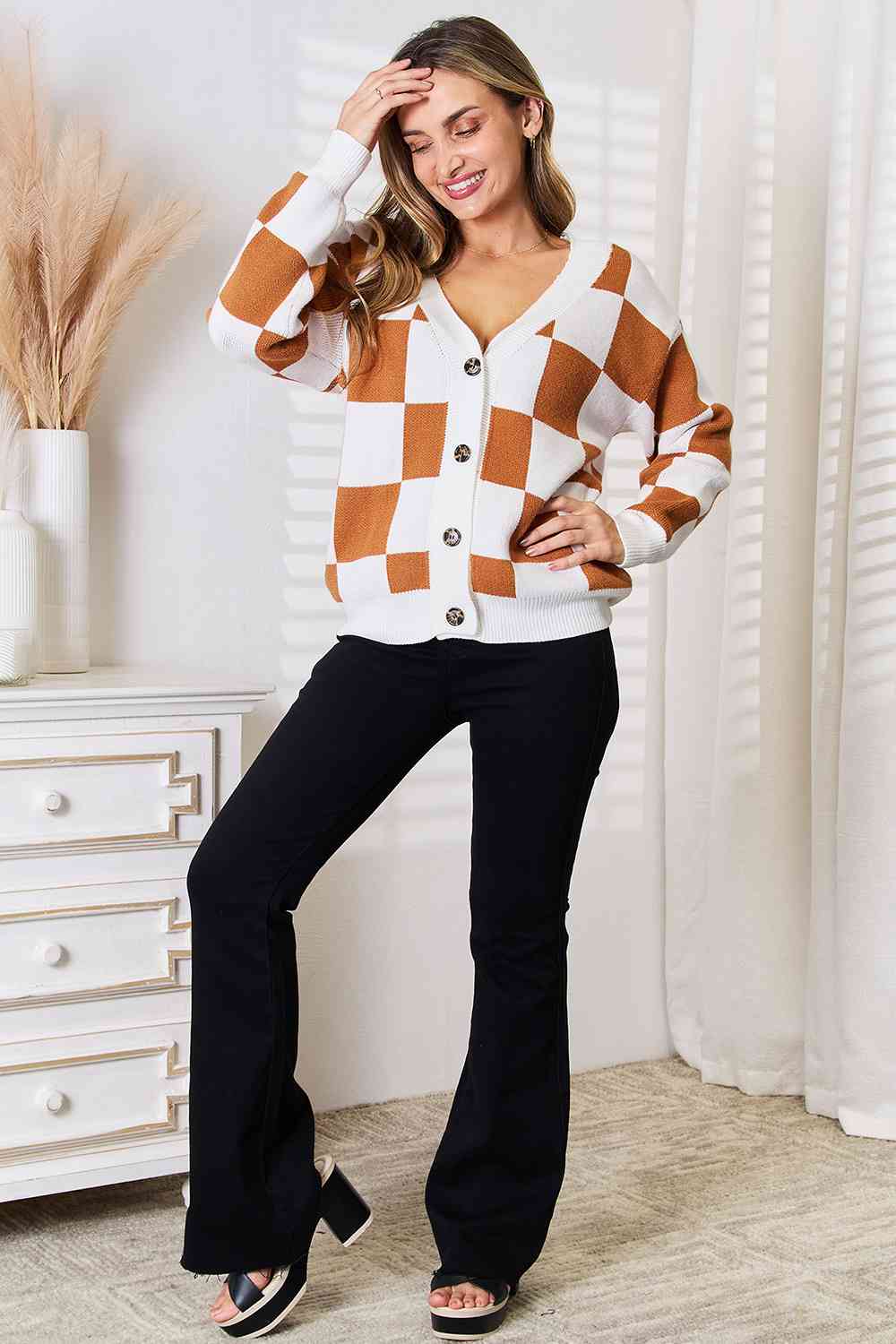 Double Take Button-Up V-Neck Dropped Shoulder Cardigan - BloomBliss.com