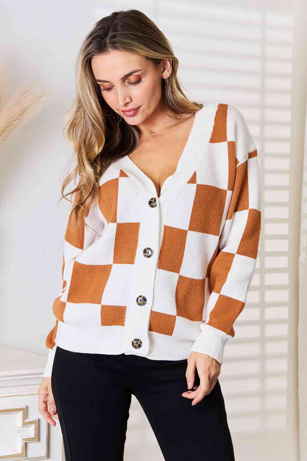 Double Take Button-Up V-Neck Dropped Shoulder Cardigan - BloomBliss.com