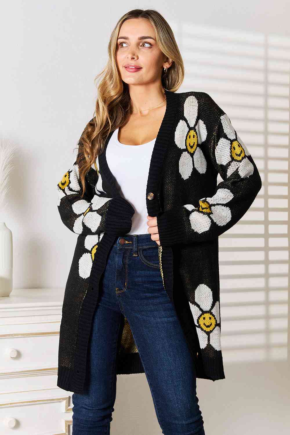 Double Take Floral Button Down Longline Cardigan - BloomBliss.com