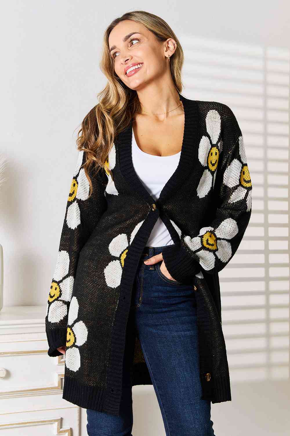 Double Take Floral Button Down Longline Cardigan - BloomBliss.com