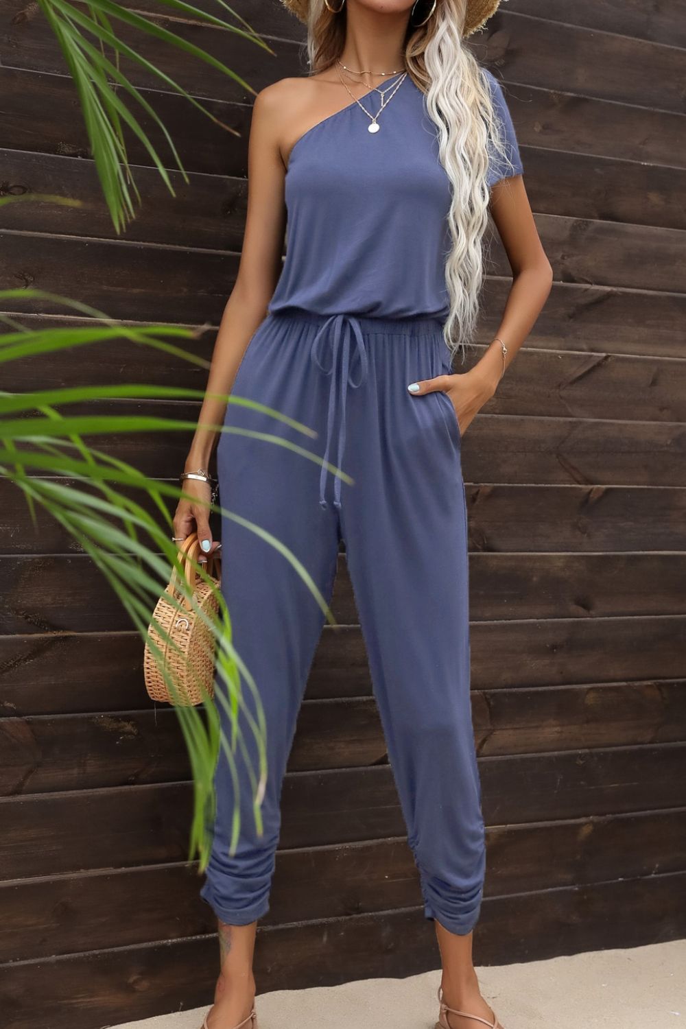 Drawstring Waist One-Shoulder Jumpsuit with Pockets - BloomBliss.com