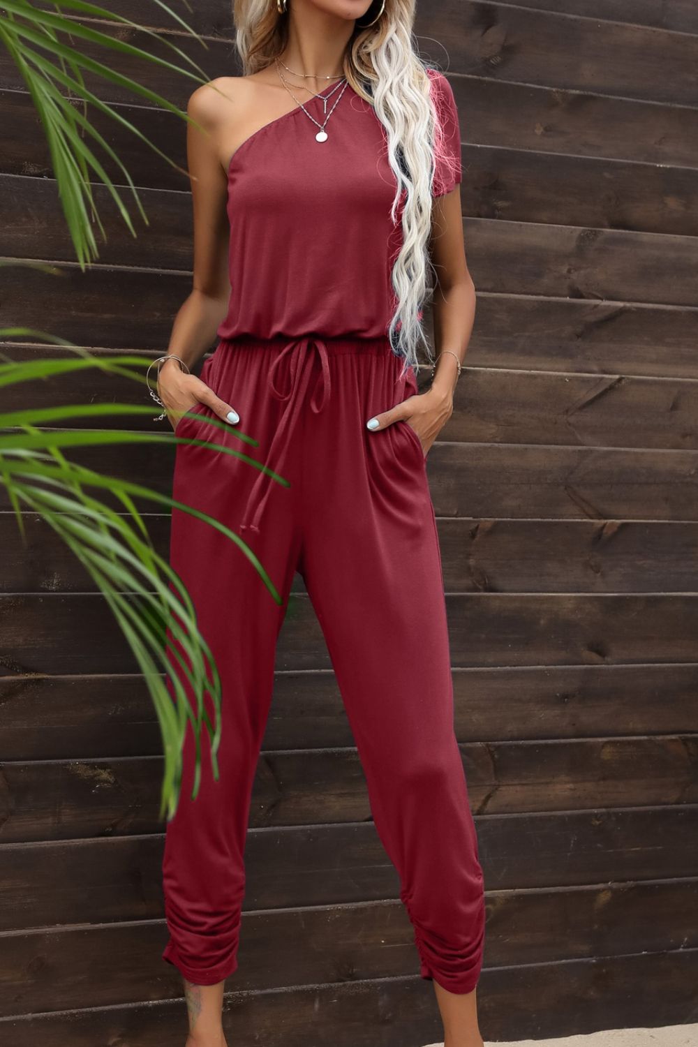 Drawstring Waist One-Shoulder Jumpsuit with Pockets - BloomBliss.com