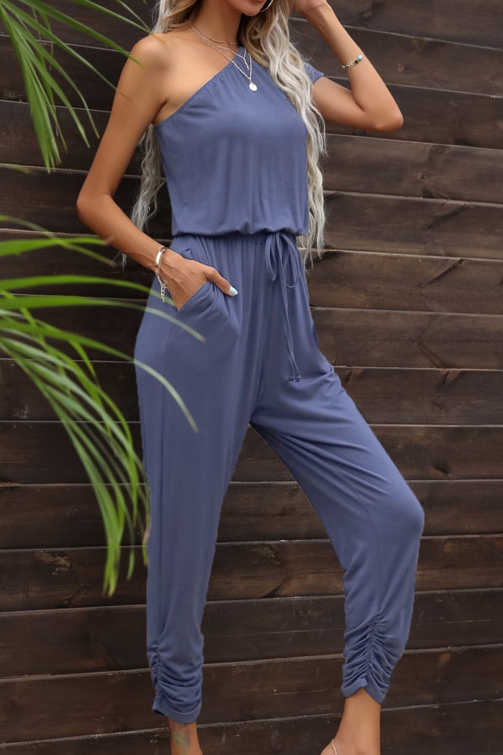 Drawstring Waist One-Shoulder Jumpsuit with Pockets - BloomBliss.com