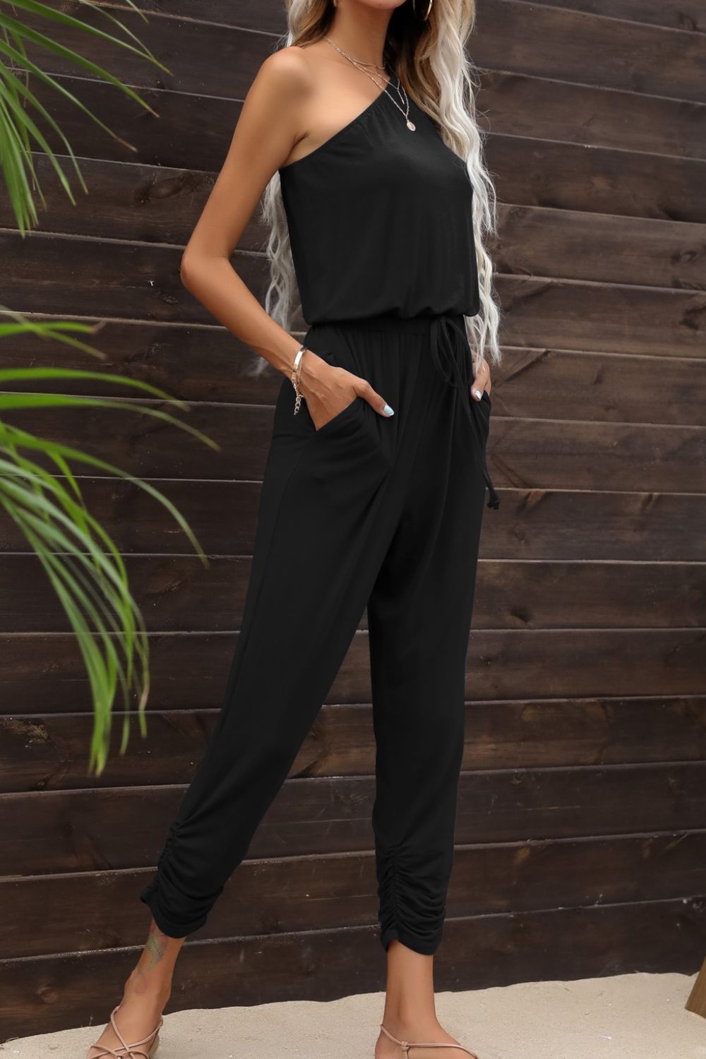 Drawstring Waist One-Shoulder Jumpsuit with Pockets - BloomBliss.com