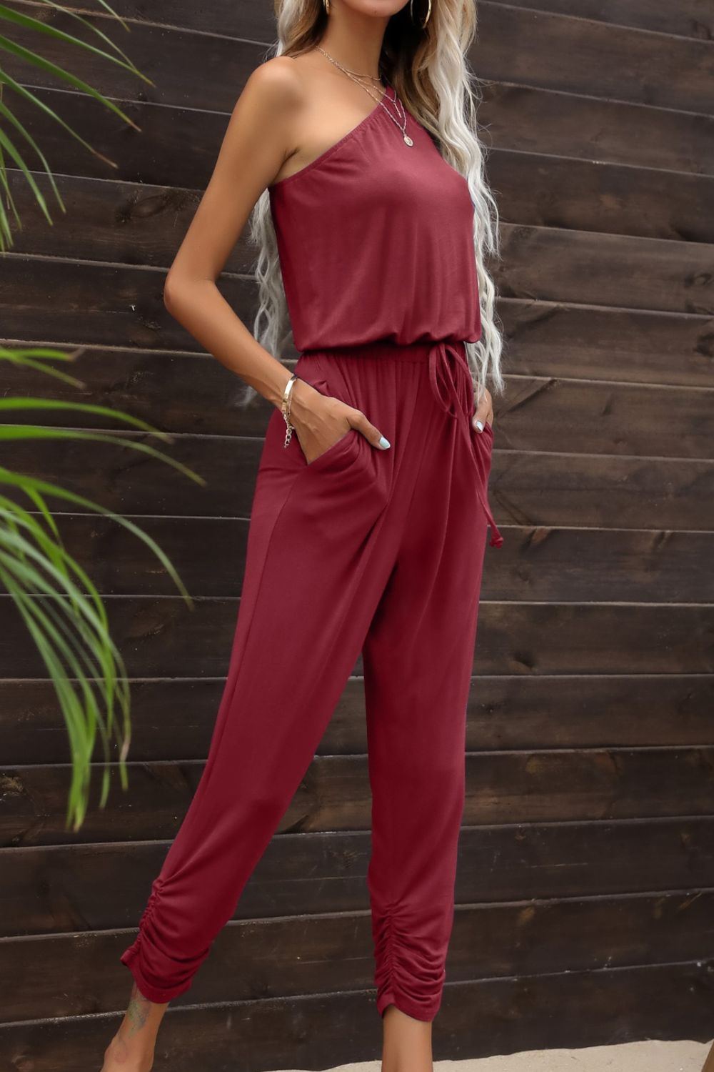 Drawstring Waist One-Shoulder Jumpsuit with Pockets - BloomBliss.com