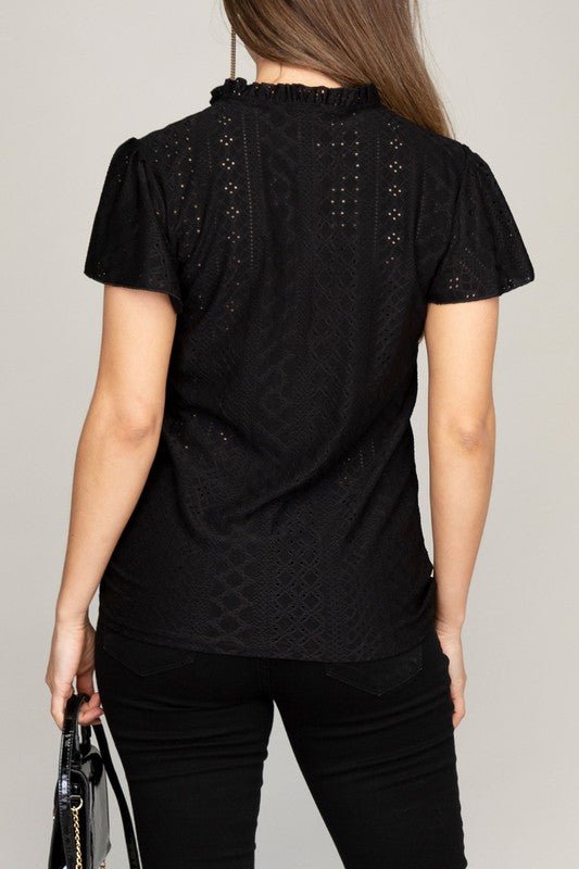 Embroidered eyelet blouse with ruffle - BloomBliss.com