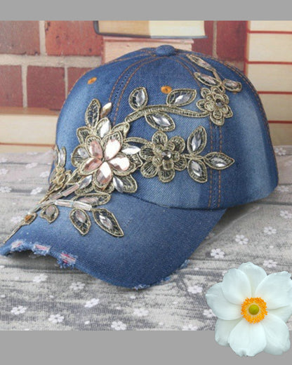 Embroidered Floral Studded Baseball Cap - BloomBliss.com