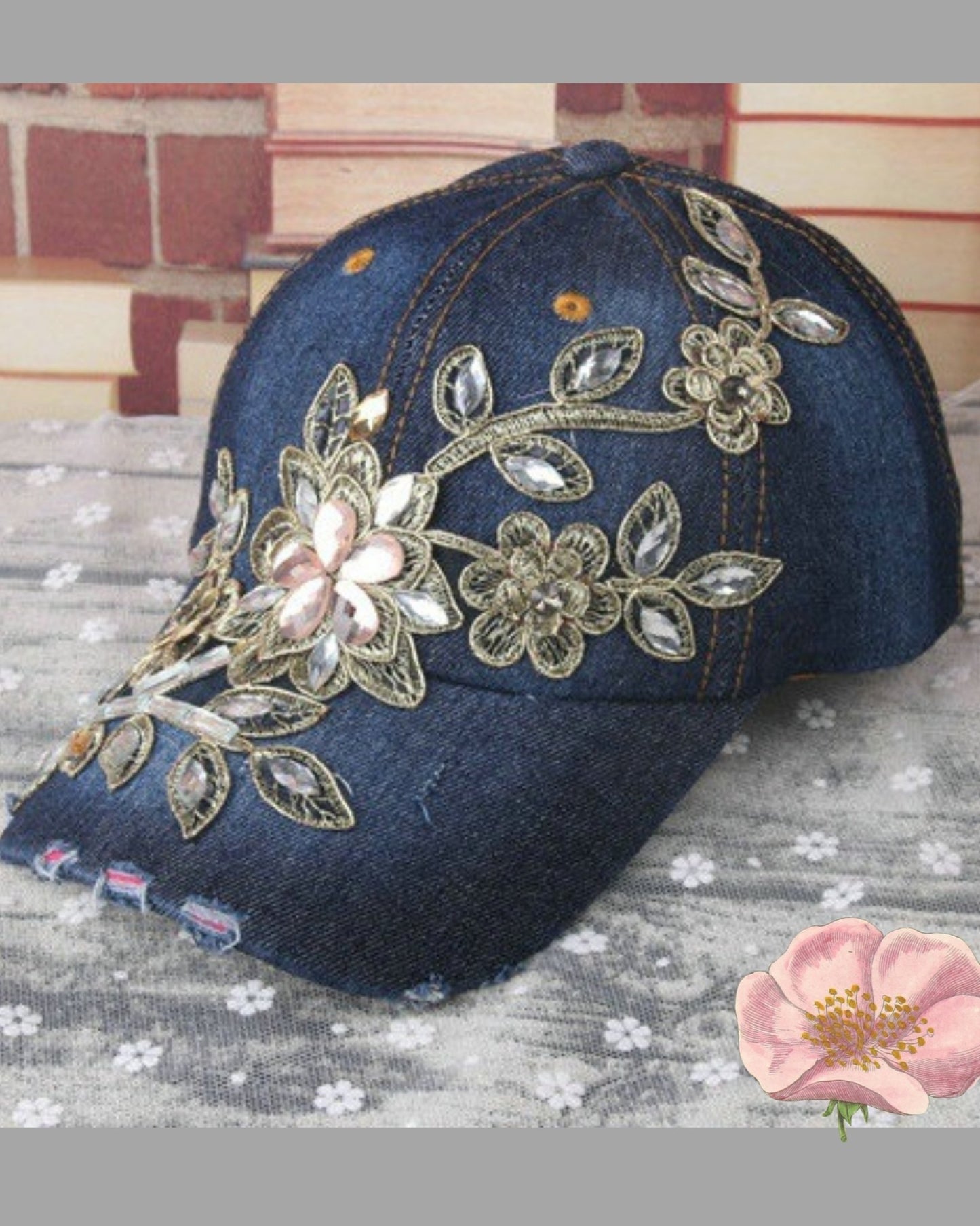 Embroidered Floral Studded Baseball Cap - BloomBliss.com