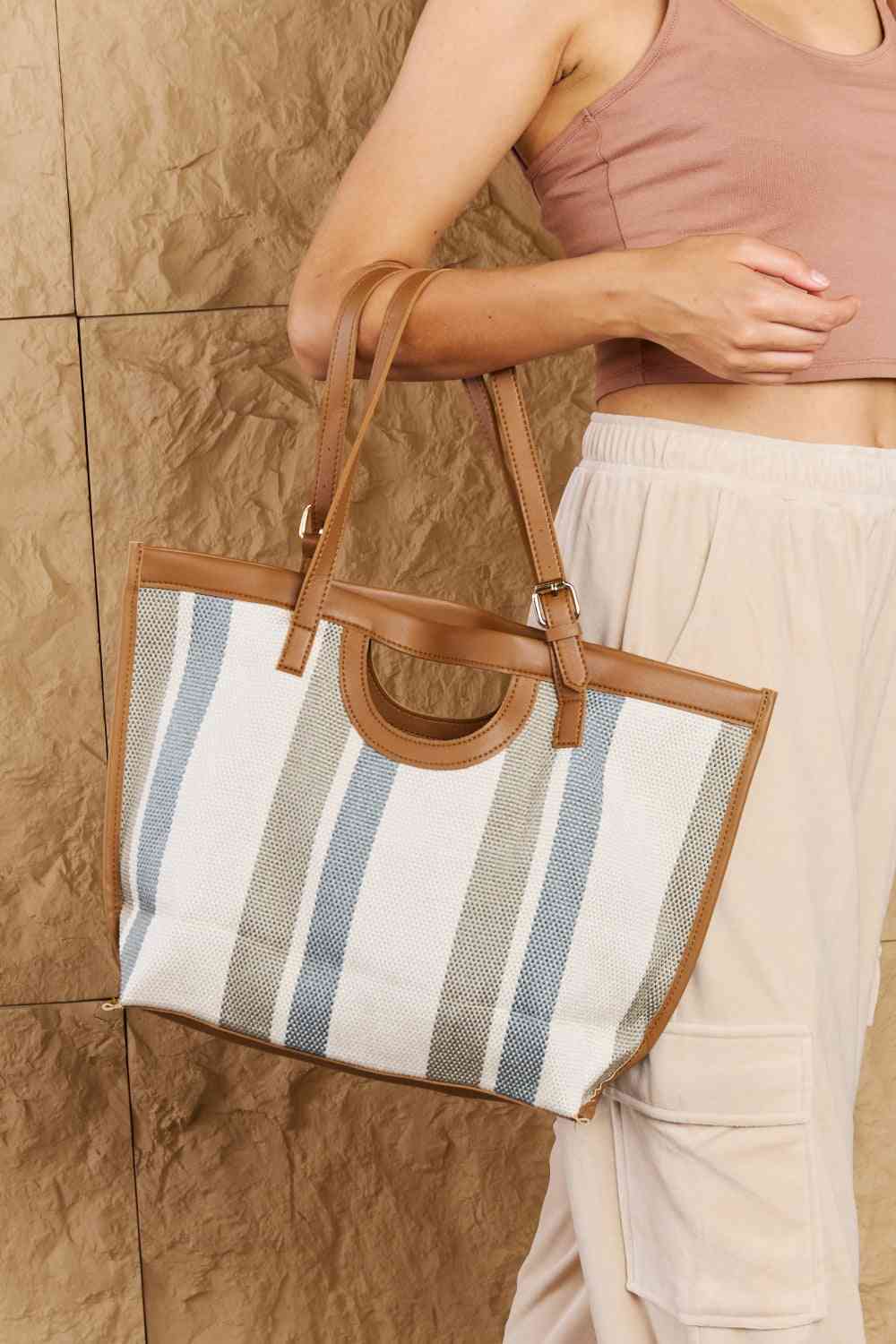 Fame Striped In The Sun Faux Leather Trim Tote Bag - BloomBliss.com