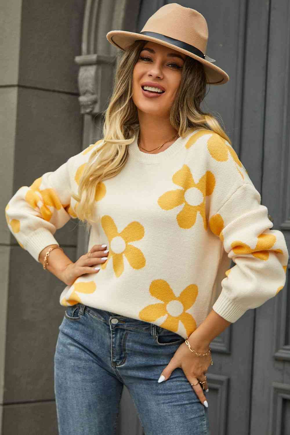 Floral Print Round Neck Dropped Shoulder Pullover Sweater - BloomBliss.com