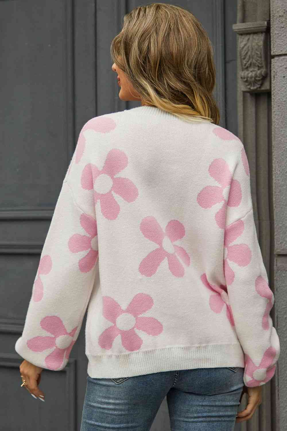 Floral Print Round Neck Dropped Shoulder Pullover Sweater - BloomBliss.com